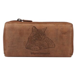 Greenburry Vintage Damen Portemonnaie Geldbörse Braun 19x2,5x10cm mit Motiv der Britisch Kurzhaar Katze
