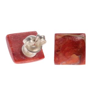  
Red Coral Cabochon Cut Square10mm with Ear Studs Silver
