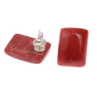 Red Coral Cabochon Cut Square 18mm with Ear Studs Silver