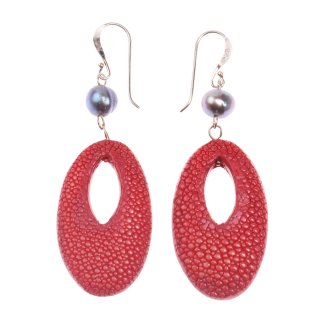 Ohrringe gefertigt aus Rochenleder Ohrringe Calar Drops 40mm,Strawberry Polished,Pearl Beads,925 Sterling Silver