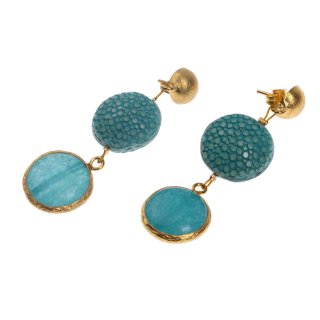 Rochenleder Ohrringe Flat Round,Blue Turquoise Polished, Stone Agate coated with Brass Gold Plated 56mm
