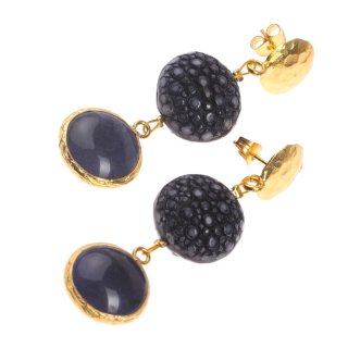 Rochenleder Ohrringe Flat Round,Navy Blue Polished, Stone Agate coated with Brass Gold Plated 56mm