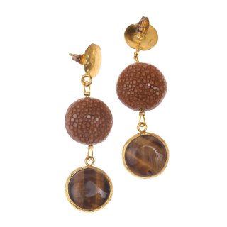 Rochenleder Ohrringe Flat Round,Brown Sugar Polished,Tiger Eye Stone coated with Brass Gold Plated 56mm