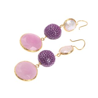 Rochenleder Ohrringe Flat Round,Amethyst Orchid Polished,Pearl and Stone Agate coated with Brass Gold Plated 76mm