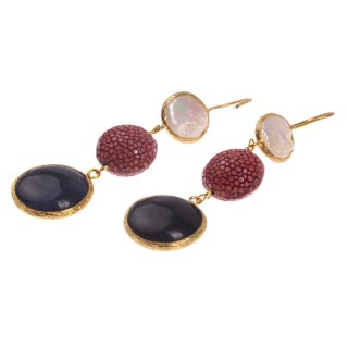 Rochenleder Ohrringe Flat Round,Burgundy Polished,Pearl and Stone Agate Navy Blue coated with Brass Gold Plated 76mm