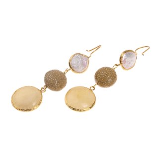 Rochenleder Ohrringe Flat Round,Beige Polished,Pearl and Stone agate coated with Brass Gold Plated 76mm