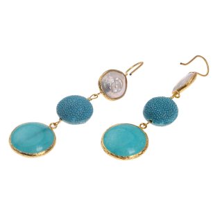 Rochenleder Ohrringe Flat Round,Peacock Blue Polished,Pearl and Stone agate coated with Brass Gold Plated 76mm