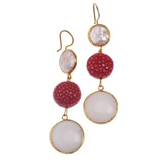 Rochenleder Ohrringe Flat Round,Rouge Red Polished,Pearl and Stone agate White coated with Brass Gold Plated 76mm