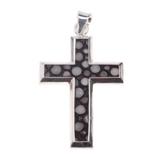Kreuz Anhänger aus poliertem Rochenleder / Perlrochenbraun / 925 Sterling Silber / Cross 30x20mm